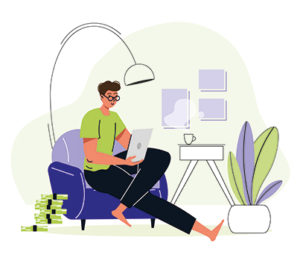 Homeworker using an iPad, sat on a comfy chair surrounded by plants, light and coffee mug. 