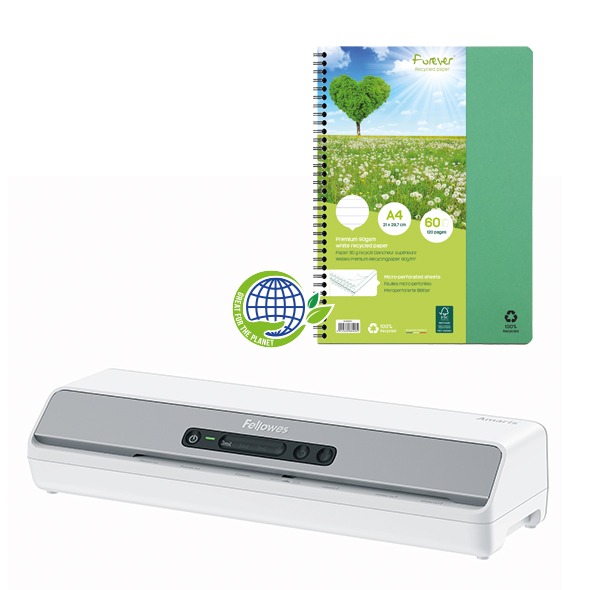 Fellowes Laminator and Recycled Notepad featuring Lyreco's Great for the Planet Logo