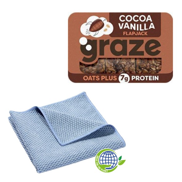 Graze protein bites and cloth featuring Lyreco's Great for the Planet Logo