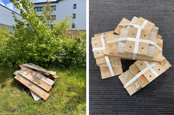 Wood from scrap pallets (left) and bird box kits, ready for assembly (right).