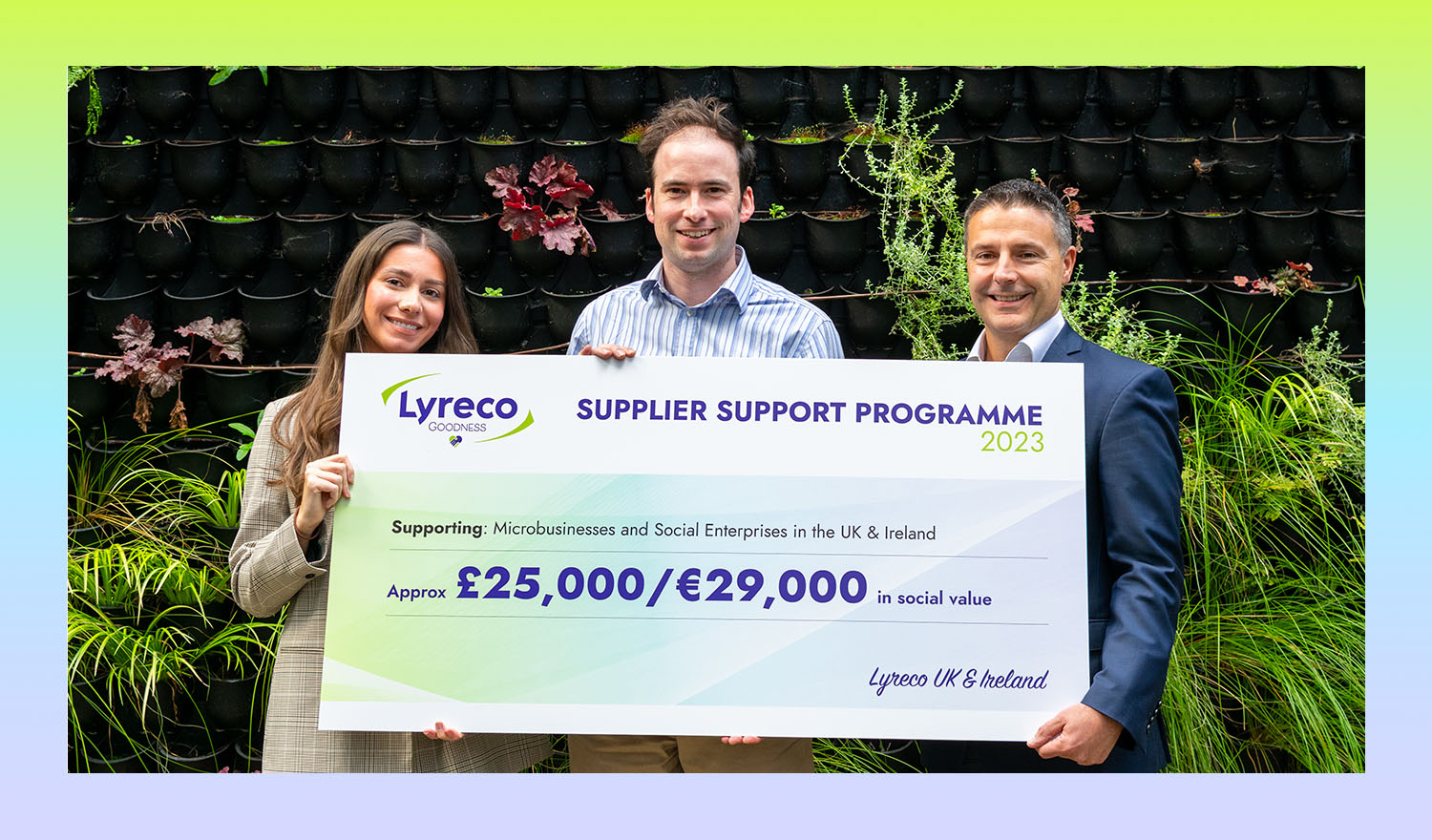 Luisa, Andrew and Mike displaying the Supplier Support Programme winners cheque